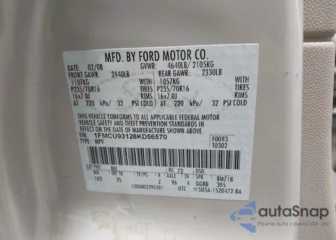 2008 Ford Escape Xlt z USA, uszkodzony, nr VIN 1FMCU93128KD56570